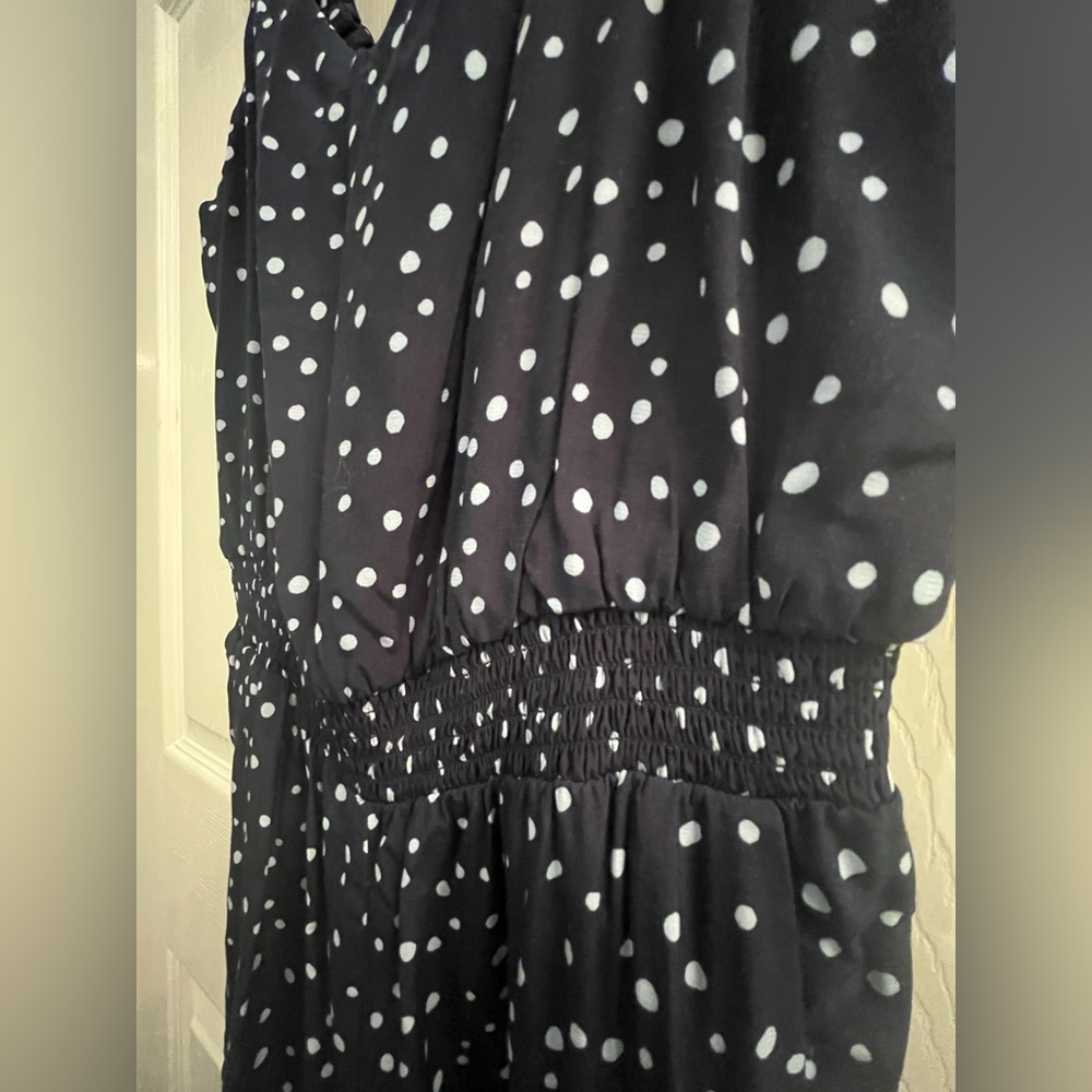 NWT Loft Navy Blue Polka Dot Smocked Wide Legs Jumpsuit with Pockets Size 2 - Picture 8 of 15